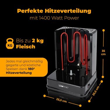 Вертикальний мультигриль Clatronic Dner-Vertikal-Multigrill Ідеальний для гіроса, кебаба та іншого Гриль для здорового приготування страв без жиру вдома Включає обертовий вертел та 6 шампурів для м'яса DVG 3686