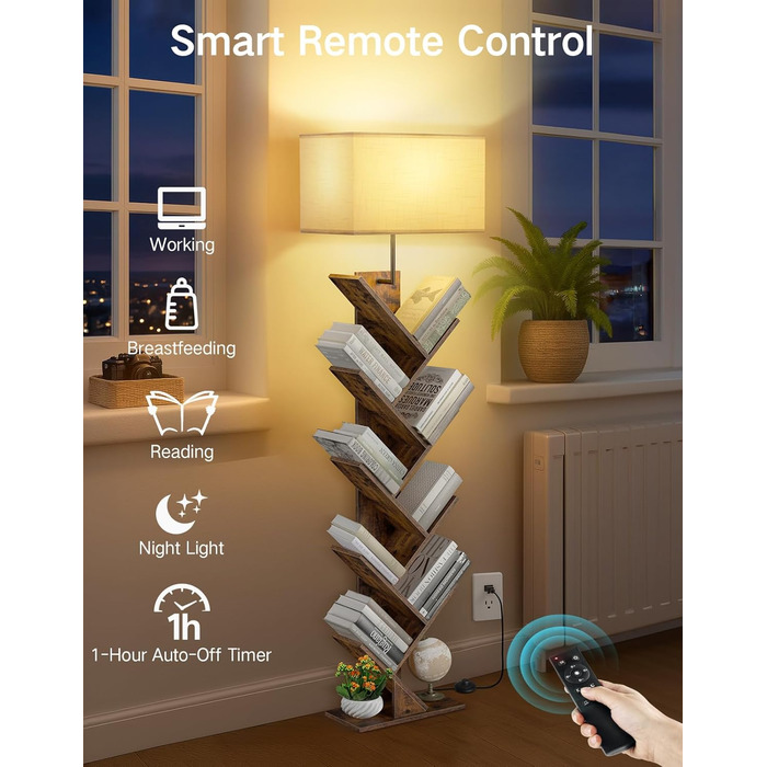 Книжкова полиця у формі дерева з підсвічуванням, 9-ярусна кутова полиця, пульт дистанційного керування та таймер, вузька дерев&39яна окремостояча полиця, невелика полиця для книг, CD та DVD, для вітальні, дитячої кімнати, офісу (колір рустик-коричневий)