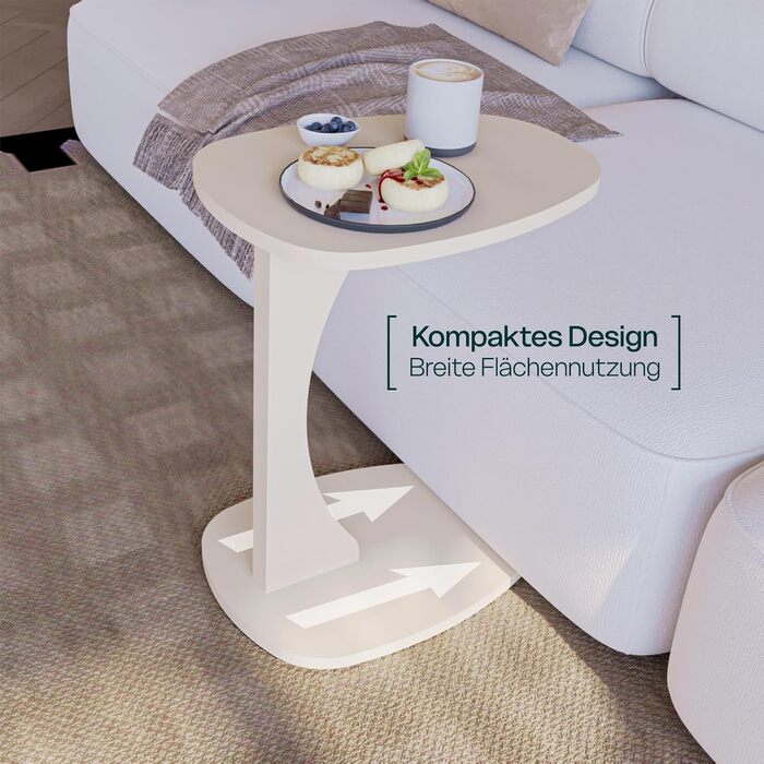 Приставний столик для дивана з колесами, маленький С-подібний приставний столик, столик для дивана стильного пісочно-бежевого кольору, маленький журнальний столик для вітальні, ідеальна поверхня для ноутбуків, чашок - Norma