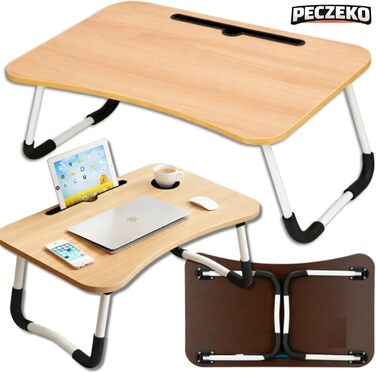 Складаний столик для ноутбука та сніданку дерев'яний піднос-стіл з тримачем для планшета, для дивана та ліжка, багатофункціональний столик для роботи, навчання, читання та їжі, (60 см)