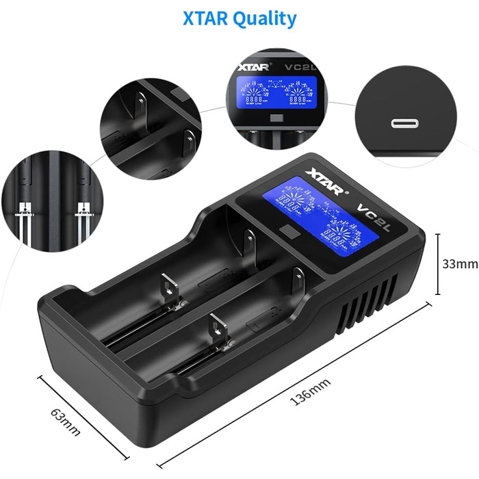 Зарядний пристрій XTAR VC2L USB C Оновлений зарядний пристрій 18650 Швидкий зарядний пристрій 2A 26650 Зарядний пристрій з РК-дисплеєм для батарейок AA AAA CD (VC2L)