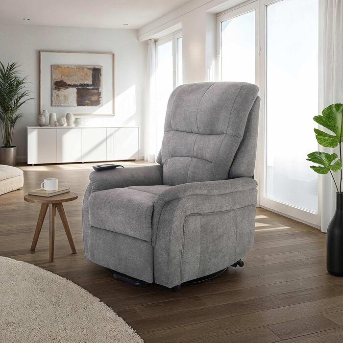 Крісло під телевізор Raburg з підйомником, електричне відкидне крісло з 1 двигуном та пультом дистанційного керування, безступінчасте регулювання, комфортна піна та пружинна основа з кишенькового блоку, мікрофібра, 120 кг Janik Сіра мікрофібра