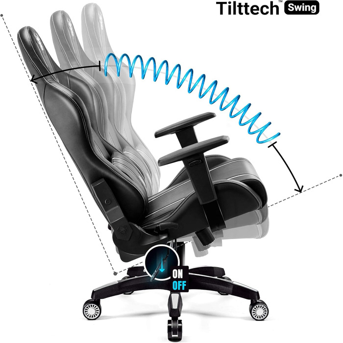 Геймерське крісло Diablo X-One 2.0, Геймерське крісло, Офісне крісло, Настільне крісло, Регульовані підлокітники, Ергономічний дизайн, Подушка для шиї/попереку, Функція гойдання, Чорний/Білий, Стандартний (L)