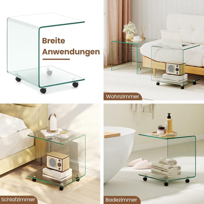 Журнальний столик COSTWAY із загартованого скла з колесами, С-подібний скляний стіл, тумбочка, столик для дивана, журнальний столик для вітальні, спальні, 45 x 40 x 48 см (прозорий) маленький (з колесами) прозорий 1