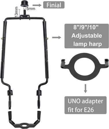 Комплекти абажура Тримач арфи 8 9 10 дюймів регульована лампа Арфа з 2 плафонами Торцева кришка Чорний рупор Рамка Кронштейн абажура, 2
