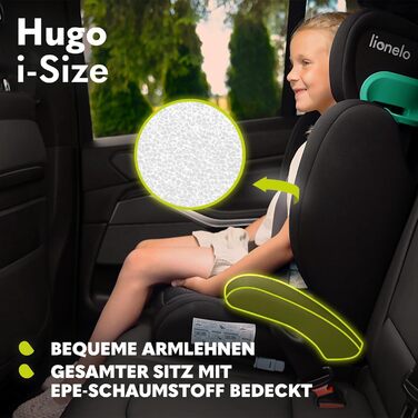 Дитяче автокрісло LIONELO HUGO I-SIZE, група 2 3, від 100-150 см, кріплення ISOFIX, регульований підголівник, піна з пам'яттю, біч