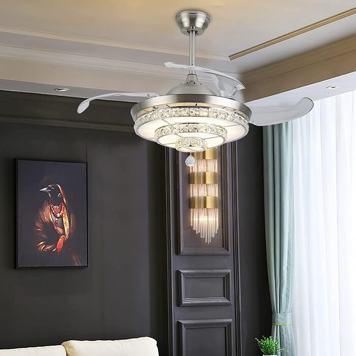 Тихий стельовий вентилятор кришталеві стельові вентилятори зі світлом, сучасні висувні лопаті, люстра, світлодіодний стельовий вен