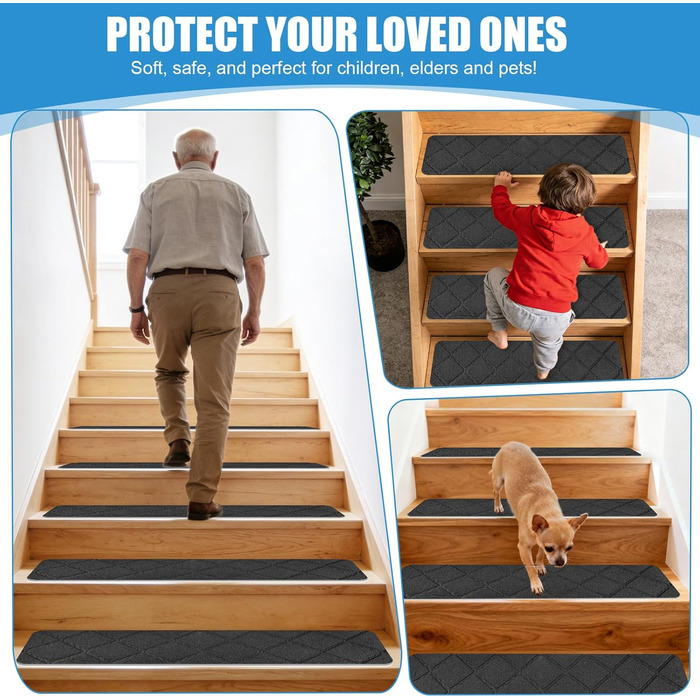 Килимки для сходів, 15 шт. , самоклеючі килимки для сходів для приміщень, 76 x 20 см, протиковзкий килимок для сходів, самоклеючий для дерев&39яних сходинок, безпечний килимок для сходів для дітей, людей похилого віку, домашніх тварин, темно-сірий B-темно