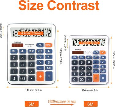 Кишеньковий калькулятор OSALO з великими кнопками, великим дисплеєм, сонячним екраном, 12-розрядним настільним калькулятором, офісним калькулятором для людей похилого віку (OS-5M), синього кольору, 5M