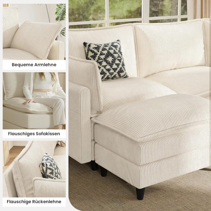 Диван APICIZON з функцією сну, диван &quotХмара&quot, L-подібний диван, кутовий диван - 275x132x80 см, XXL дивани, вельветовий розкладний диван для вітальні, бічна кишеня для журналів, бежевий 275 см - L бежевий