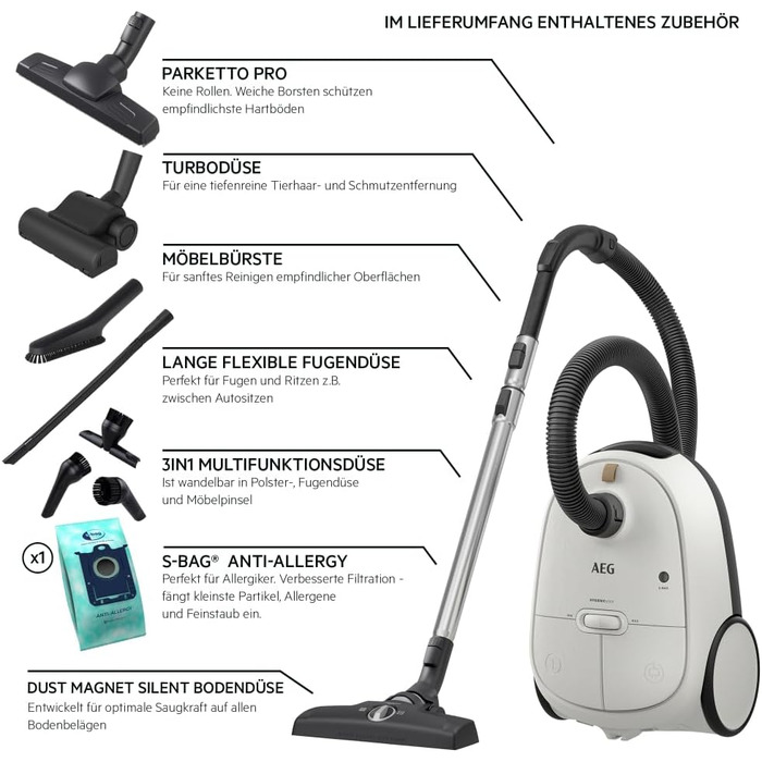 Пилосос із мішком AEG HYGIENIC 6000, 850 Вт, 3 роки гарантії, AB61H6SW Matt Wei