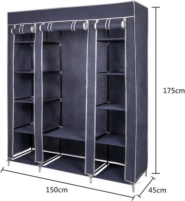 Тканинна шафа Mondeer для спальні, складна, з шістьма блискавками та трьома дверима, швидкий доступ, 175 x 150 x 45 см, великий простір для зберігання, сірий
