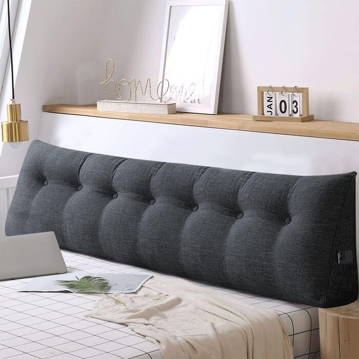 Подушка-клін, трикутна, валик для шиї, велика подушка для спини, бавовна та льон, підставка для читання для ліжка, подушка для читання, знімна (темно-сіра, 200 x 50 x 20 см, бавовна та льон) Темно-сіра бавовна та льон 200*50*20 см