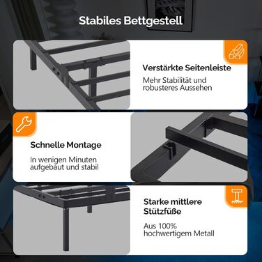 Каркас ліжка Bonnlo 140x200 см з рейковою основою, ліжко 140x200 см зі світлодіодним освітленням, міцне металеве ліжко, плаваюче ліжко висотою 36 см, чорне (без матраца) 140 x 200 см