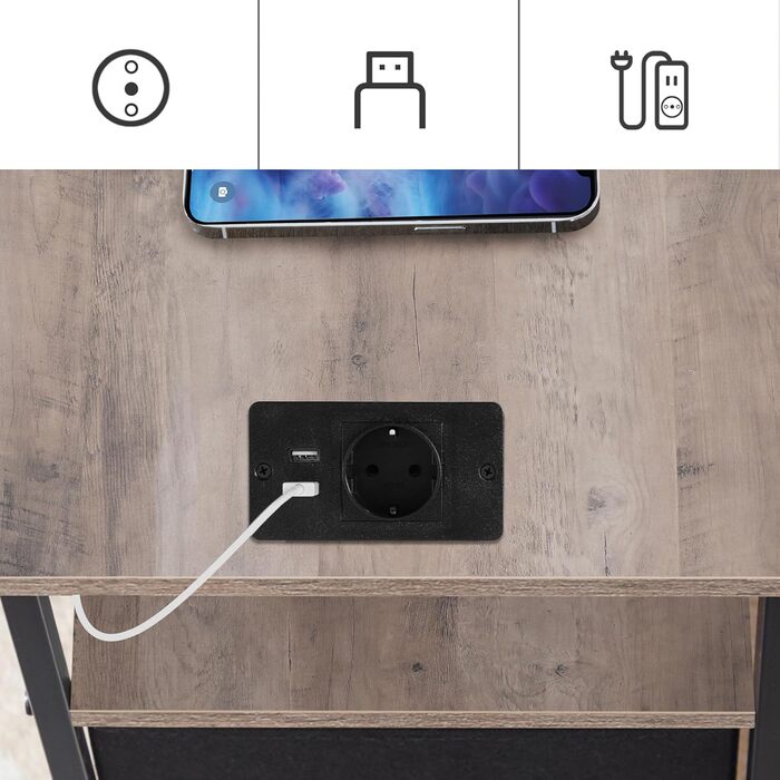 Вузький бічний столик HOOBRO із зарядною станцією, тумбочка з 2 флісовими шухлядами, компактний бічний столик, для невеликих приміщень, спалень, сіро-чорний EBG486CBZ01 сірий чорний