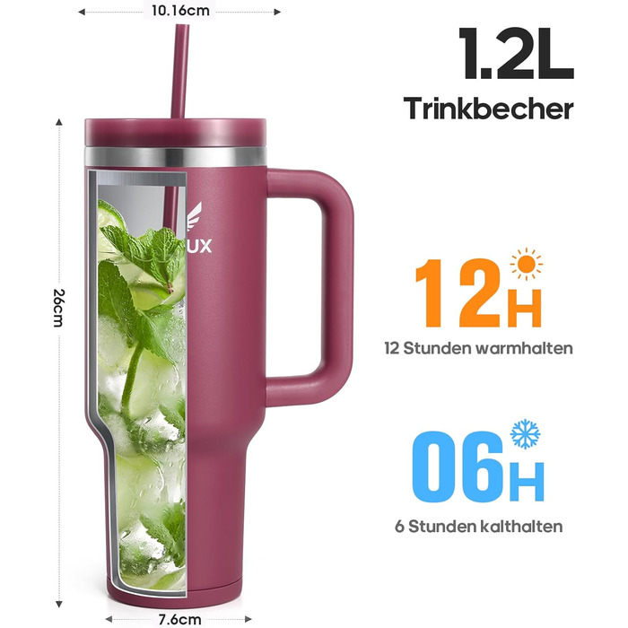 Пляшка для пиття об&39ємом 1,2 л з трубочкою - Термокружка з ручкою, що запобігає протіканню - Двостінна вакуумна ізоляція - Термокружка з трубочкою та кришкою, що захищає від бризок (темно-червона)
