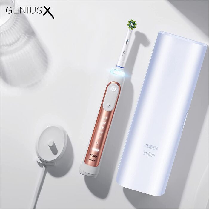 Електрична зубна щітка/електрична зубна щітка Oral-B Genius X, 6 режимів чищення зубів для догляду за зубами, додаток зі штучним інтелектом і Bluetooth, дорожній кейс, подарунок чоловіку/жінці, дизайн коричневого, рожеве золото