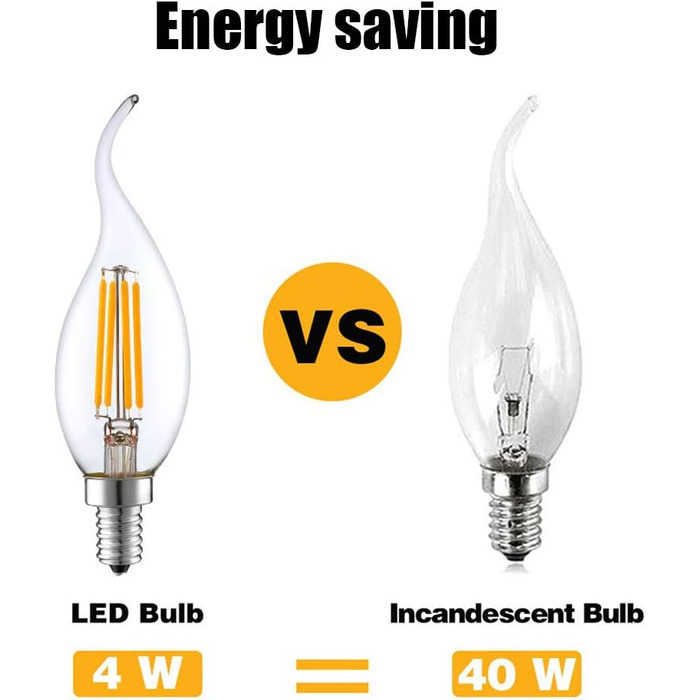 Світлодіодна лампа, полумяний наконечник E14, форма свічки, 4 Вт, 400 лм, еквівалент лампи розжарювання 40 Вт, маленький гвинт Едісона, прозора, без затемнення, 2700 К теплого білого кольору, 6 упаковок