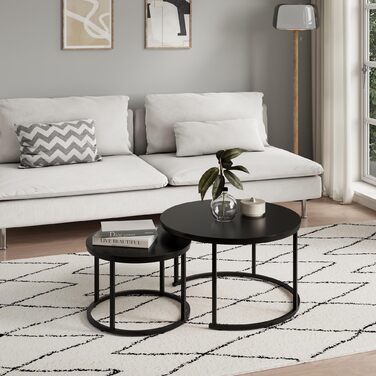 Набір з 2 круглих дерев&39яних журнальних столиків Home Collective, сучасний стіл для вітальні, бічний столик 2-в-1 з металевим каркасом для вітальні, офісу, дизайн лофт, двоспальний Чорний, великий, круглий