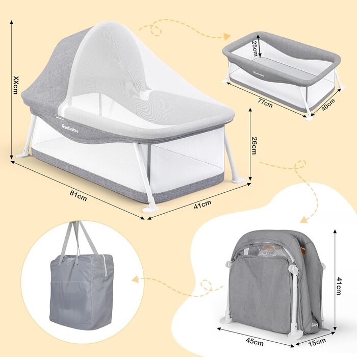 Дорожнє ліжечко Ezebaby, маленьке складне дитяче ліжечко з сумкою для зберігання, москітною сіткою та іграшками, підходить для дітей 0-5 місяців (сіре)