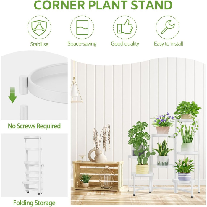 Велика 7-рівнева металева підставка для рослин, підставка для квітів, полиця для рослин, для приміщень/вулиці, складна кімнатна підставка для рослин, полиця для саду, балкону, вітальні (кругла, чорна) 7 рівнів, біла