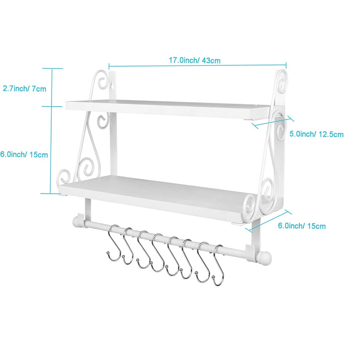 Дерев&39яна настінна полиця, плаваюча полиця, підвісна полиця, 2-рівнева полиця для спецій, кухонна полиця, органайзер для настінних полиць, полиця для ванної кімнати з 8 знімними гачками для ванної кімнати, вітальні, коридору, біла