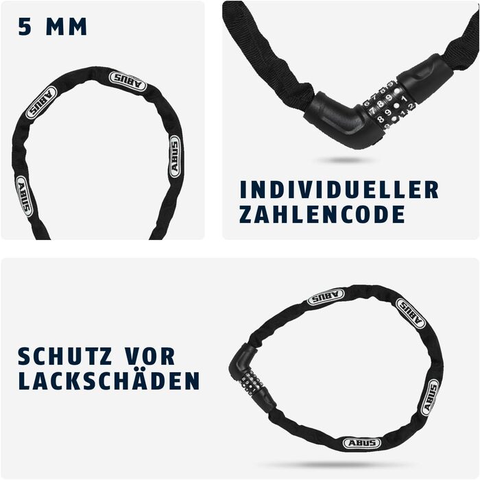 Ланцюговий замок ABUS Steel-O-Chain 5805C кодовий замок виготовлений зі сталевого ланцюга товщиною 5 мм рівень безпеки ABUS 4, чорний, 75 см, одинарний