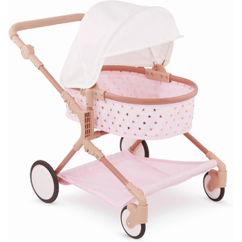 Коляска для ляльок-близнюків для ляльок 36 см - Коляска для ляльок зі складним дахом - рожева із золотими зірками - Аксесуари для