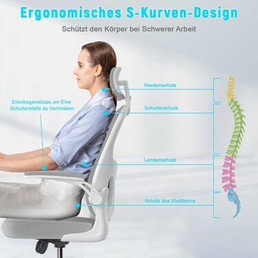 Ергономічне офісне крісло naspaluro з дихаючою сітчастою оббивкою, письмове крісло з регульованими підлокітниками, підголівником, поперековою опорою, регулюванням висоти, поворотним кріслом на 360, сіро-сірий колір з підголівником
