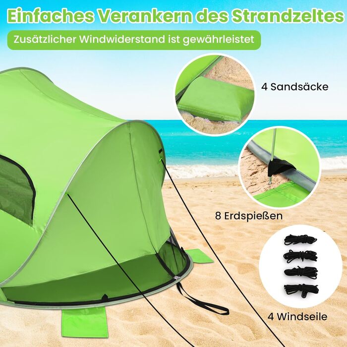 Пляжний намет GOPLUS, розкладний пляжний намет для 3-4 осіб, намет, що кидається, з сонцезахисним тентом та вітрозахисним захистом, легкий та портативний з сумкою для перенесення, сонцезахисний намет для сімей, пляжу, кемпінгу, газону, саду (зелений)