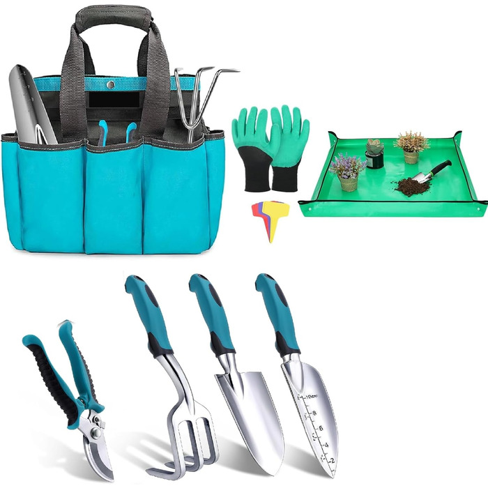Набір садового інструменту Housolution, 8 предметів, міцний алюмінієвий сплав, з сумкою для зберігання з гумовим покриттям, ідеальний подарунок для садівників, синьо-чорний