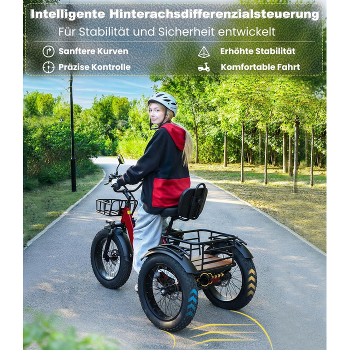 Електричний триколісний велосипед KAKIGO для дорослих, товсті шини 20x4, складаний алюмінієвий електровелосипед, двигун 250 Вт, 65 Нм, акумулятор 48 В 15,6 Аг, 25 км/год, передній та задній кошики, диференціал, запас ходу 90 км, червоний, з тримачем для т