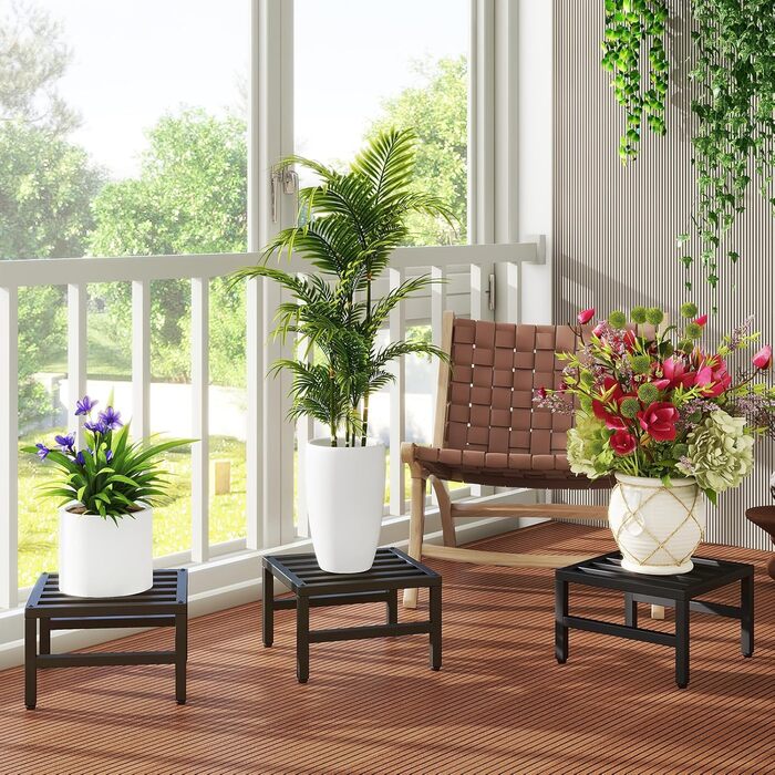 Підставка для рослин IBUYKE з 3 предметів, металева, для використання в приміщенні/на вулиці, міцна підставка для невеликих квіткових горщиків 30 см, сучасна квадратна полиця для рослин, підставка для вітальні, балкону, саду, чорна TMJ075B-3 чорна 30 см -