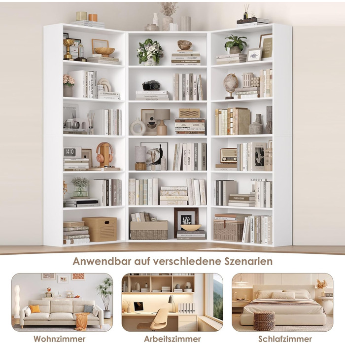 Книжкова полиця FirFurd, дерев&39яна полиця з 6 відділеннями, полиці, книжкова шафа, полиця для зберігання для вітальні, кабінету, виготовлена з дерева, 180 x 60 x 23,5 см, білий