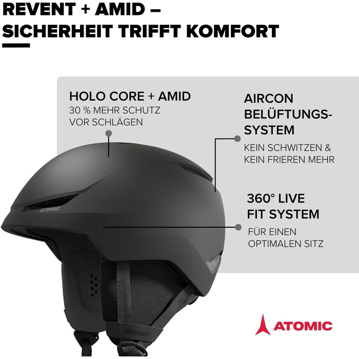 Лижний шолом Atomic REVENT LITE - Шолом для сноуборду та лиж із системою 360 Fit та активною системою вентиляції Aircon - Holo Core для максимальної амортизації Чорний 55-59