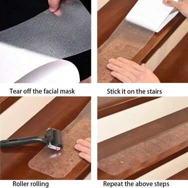 Комплект протиковзких смуг для сходів, прозорий килимок для сходів, водонепроникні килимки для сходів, самоклеючий килимок для сходів з монтажним роликом, килимки для сходів (15 x 60 см (15 шт.))