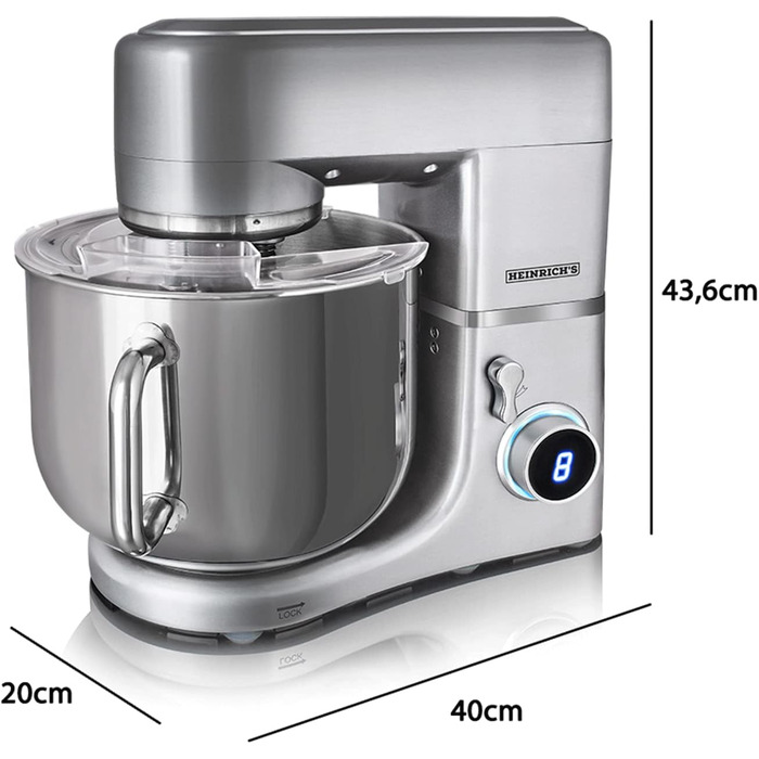 Кухонний комбайн HEINRICHS Чаша з нержавіючої сталі 1800 Вт Потужні запатентовані гачки для тіста, 8-ступінчаста багатофункціональна машина для замішування тіста з рідкокристалічним дисплеєм, Heinrich 's (12 літрів) 12 літрів XXXXL