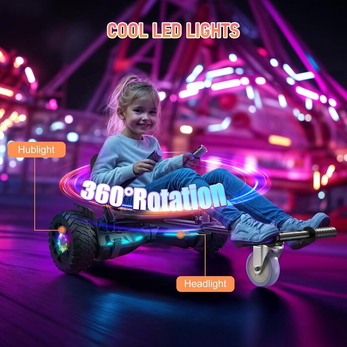Самокат SISIGAD з кріпленням сидіння – ховерборд-картинг 8,5 дюйма з різнокольоровими світлодіодними ліхтарями та Bluetooth, для дітей, хлопчиків, дівчаток та дорослих будь-якого віку
