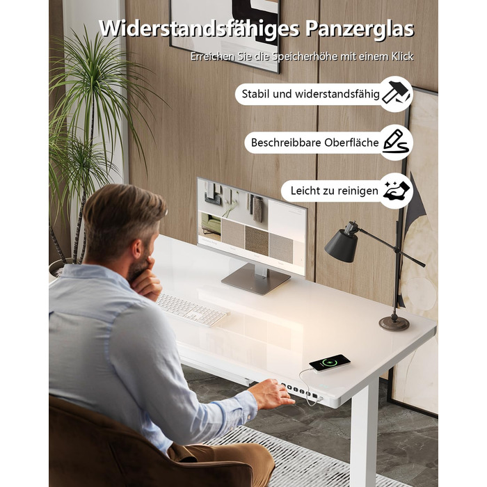 Стіл Homall Glass з регульованою висотою, 120 x 60 см, електричний стіл з регульованою висотою та шухлядою, стіл для домашнього офісу з можливістю сидіти та стояти, білий 120 x 60 см, білий