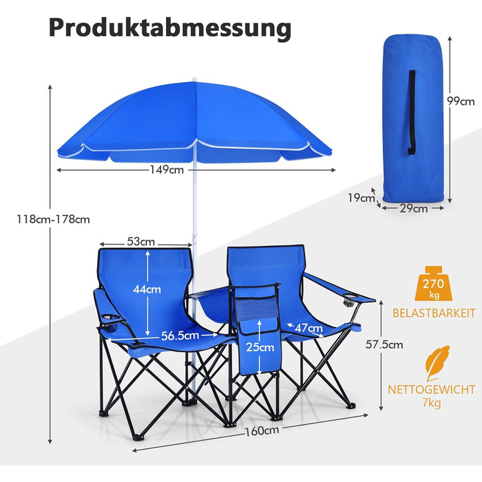 Крісло для кемпінгу COSTWAY на 2 особи з сонцезахисним тентом, сумкою-холодильником, тримачем для напоїв та бічною кишенею, складне рибальське крісло з сумкою для перенесення, складне крісло для кемпінгу, риболовлі, пікніка (темно-синє)