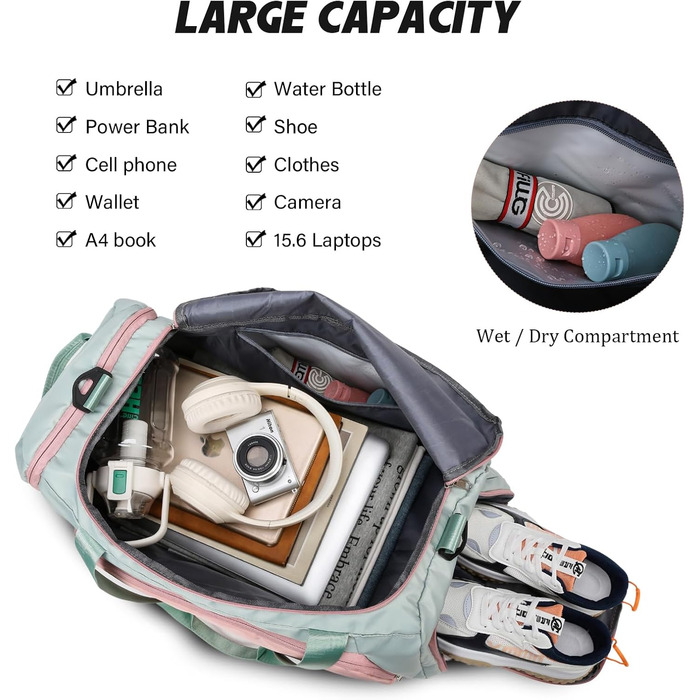 Жіноча спортивна сумка об&39ємом 45 л з відділенням для взуття, відділенням для вологи, водонепроникна сумка для вихідних, дорожня спортивна сумка з рюкзаком, сумка для плавання, сумка для тренувань, пляжна сумка для фітнесу, спорту, подорожей, зелено-рож