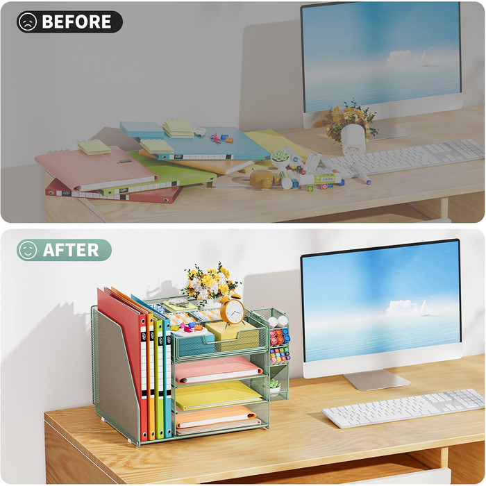 Настільний органайзер Marbrasse з тримачами для файлів, 4-рівневий лоток для листів, відділення, шухляди, підвісний тримач для ручок, сітчастий лоток для паперу для зберігання документів у домашньому офісі (зелений)