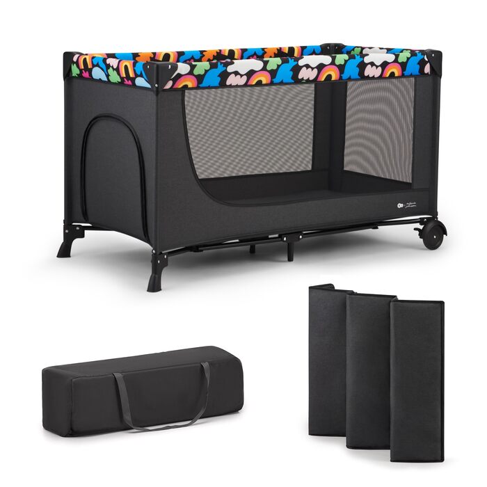 Дитяче ліжко Kinderkraft Joy 2, дорожнє ліжечко 2-в-1, дитячі ліжка, дитяче ліжко, дорожнє ліжечко, сучасний дизайн, малі розміри у складеному вигляді, колеса, Happy Shapes