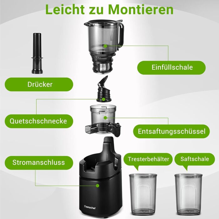 Автоматична універсальна соковижималка AMZCHEF, соковижималка для овочів та фруктів 135 мм та 1,8 л, переможець тесту повільної соковижималки потужністю 250 Вт з потрійним фільтром - чорний