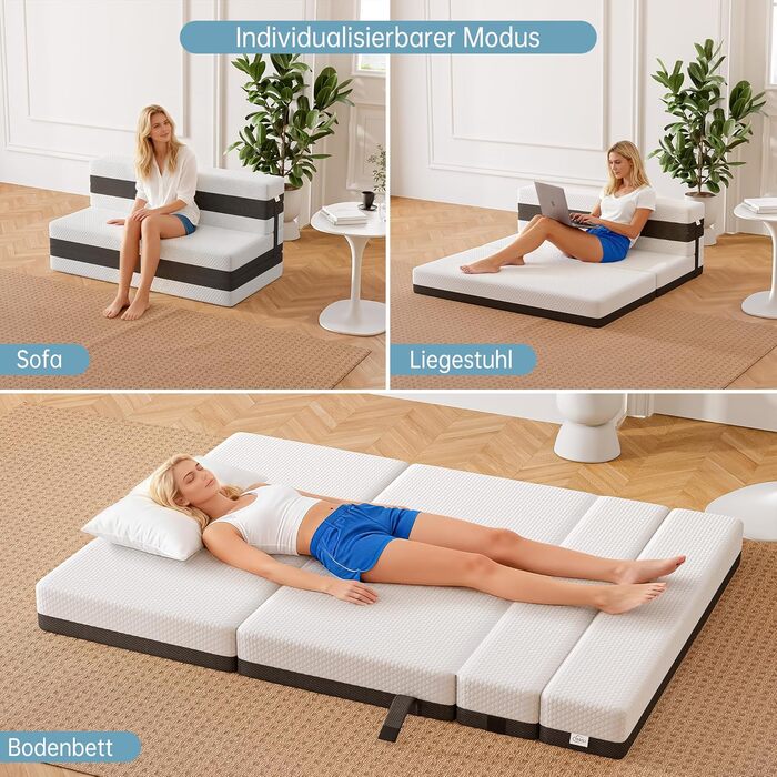 Розкладний матрац TeQsli Gel заввишки 15 см, гостьовий матрац, розкладний матрац із 4 предметів та диван-ліжко 3-в-1 з чохлом, який можна прати та знімати, сертифікований Oeko-Tex та CertiPUR (140x200x15 см)