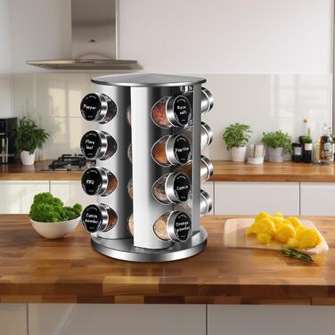 Кругла підставка для спецій Miorkly з 16 круглими банками для спецій, карусель для спецій з нержавіючої сталі, що обертається на 360, органайзер для спецій, стійка для спецій, контейнери для спецій зі вставкою-шейкером, банки для спецій, ярлики, лійка, ма