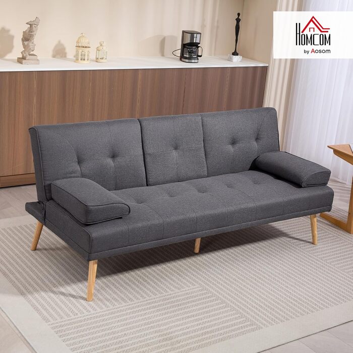 Розкладний диван HOMCOM, 3-місний диван, розкладний диван з розкладним столиком, підставка для чашок, диван-ліжко з лляним виглядом, гостьове ліжко-ліжко для вітальні, темно-сірий, 181Д x 77Ш x 78В см