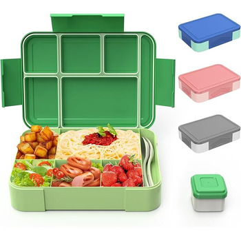 Ланчбокс Kinder Bento з роздільниками 1330 мл, герметичний контейнер для сніданку та перекусу, з 6 відділеннями, для дитячого садка, школи та дорослих, зелений