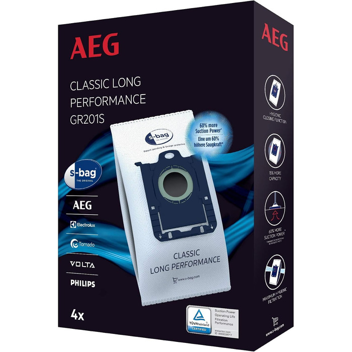 Пилосос AEG VX82-1-KO (75 перероблених матеріалів, авторегулювання потужності, наднизький рівень шуму на килимах) та мішки для пилососа s-bag Classic Long Performance GR201S (білі)