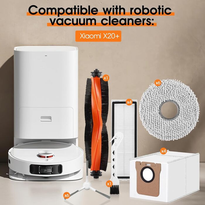 Набір аксесуарів для Xiaomi X20 Vacuum Robot з 22 предметів, аксесуари для Xiaomi X20 Plus Robot Vacuum Robot Запасні частини 1 основна щітка 6 швабра 4 мішки для пилу 6 бокова щітка 4 фільтр 1 аксесуар для чищення